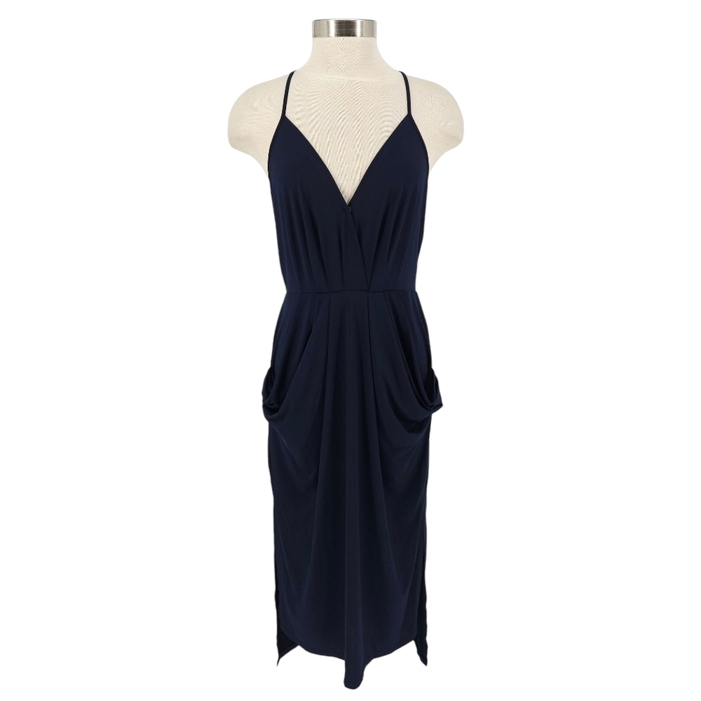BCBGeneration Midi Dress Navy Sleeveless Keyhole Back Drape Pockets Medium